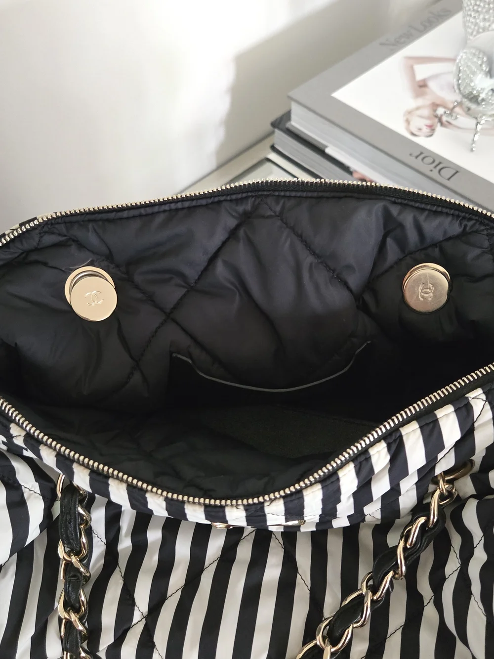 RARE.  CHANEL  24M coco beach black and white striped bowling bag